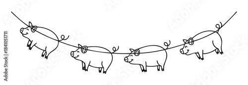 Whimsical string of four happy pigs with curly tails strung across a thin line, perfect for party invitations or farmthemed promotions.