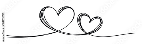 Two abstract hand drawn hearts connected by a continuous line suggesting love and connection for Valentines day or romantic celebrations.