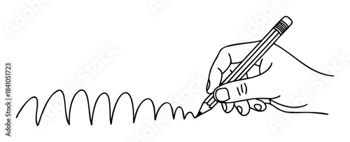Human hand holding a pencil drawing a wavy line on a white background, useful for concepts of creativity, learning, or writing.