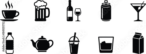 A comprehensive collection of black silhouette beverage icons representing alcoholic and non-alcoholic drinks.