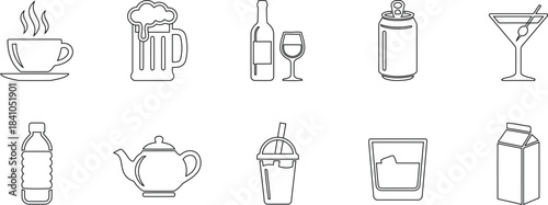 A minimalist vector line art collection of various beverages, including coffee, beer, and wine icons.