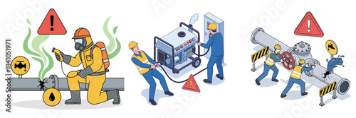 Utility Service Technician Emergency Pose Vector Set