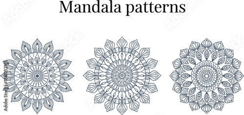 Three dark blue mandala patterns on white background