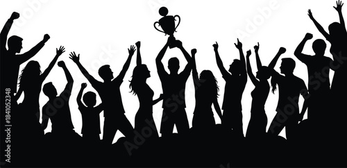 Celebrating crowd cheering champion, victory trophy celebration silhouette, group success illustration, team unity cheering moment, achievement celebration concept artwork