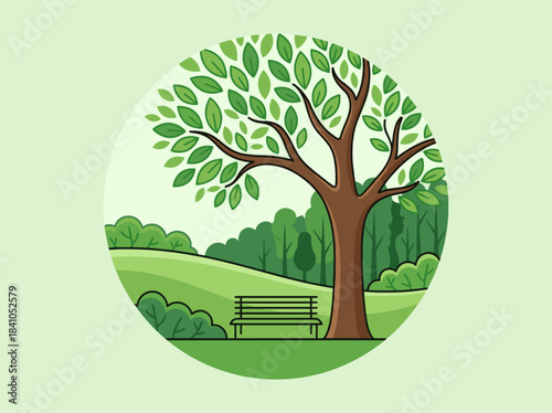 A solitary park bench beneath a large, leafy tree.