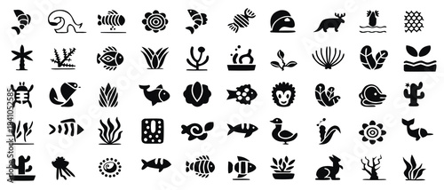 A collection of black and white sea creature icons for ocean themed design projects

