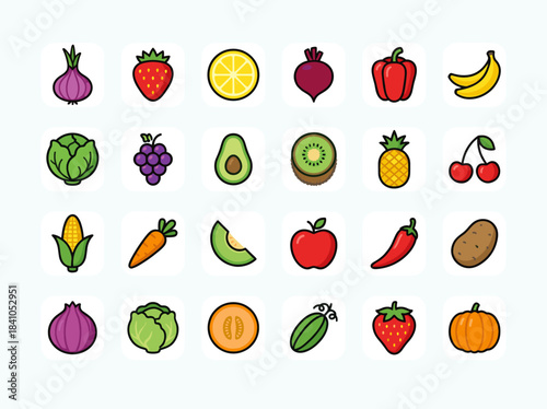 Collection of Fresh Fruits and Vegetables Icons.