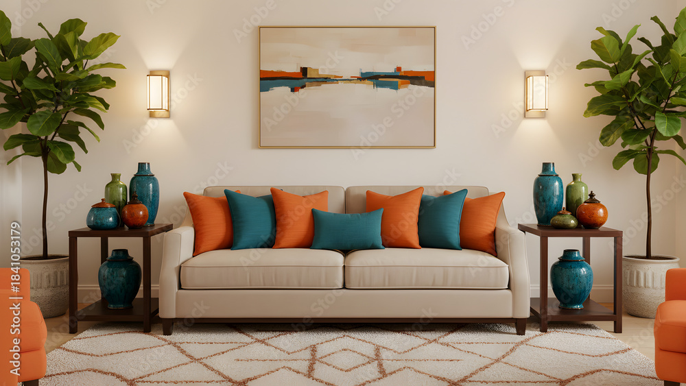 Fototapeta premium Warm and Inviting Living Room Featuring Vibrant Teal and Orange Accents