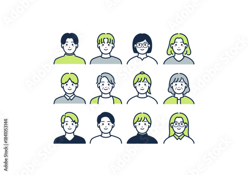 男女の上半身のイラストセット（黄緑系）