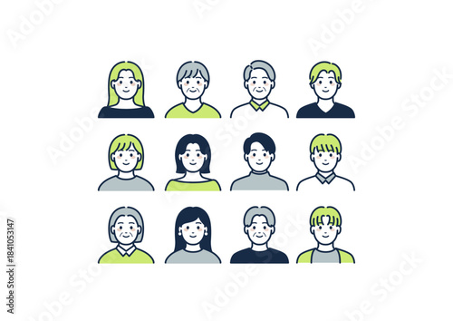 男女の上半身のイラストセット（黄緑系）