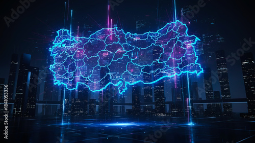 Abstract glowing map of Turkey on night city background. 3D rendering
