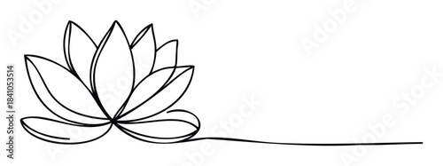 Minimalist black line drawing of a lotus flower on a white background symbolizing peace, meditation, and spa use.