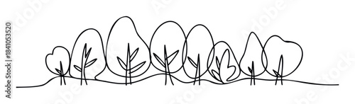 Minimalist line drawing of diverse trees forming a simple landscape, perfect for nature themed websites, organic brands, or eco friendly promotions needing a natural feel.