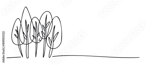 Minimalist black and white drawing of a cluster of trees with a horizontal line representing the ground, perfect for naturethemed projects or simple graphic applications.