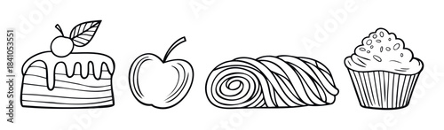 Hand drawn sweet treats including cake, apple, pastry roll, and cupcake for baking and dessert themed projects