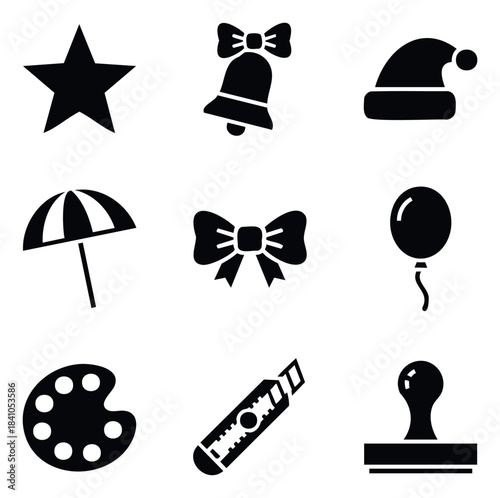 Collection of nine black icons including a star, bell with bow, Santa hat, umbrella, bow tie, balloon, paint palette, utility knife, and stamp for graphic design and web use.