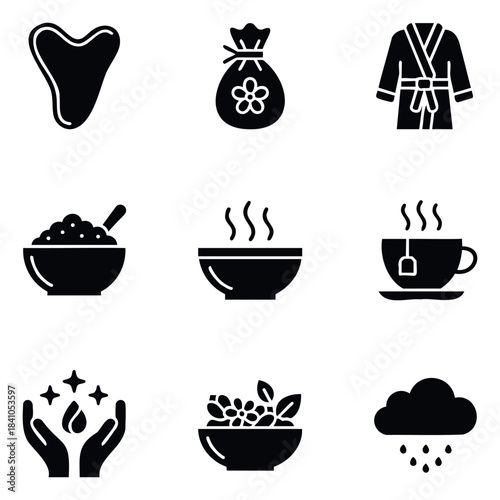 Collection of wellness and spa icons featuring gua sha, gift bag, bathrobe, food bowl, hot drink, hand care, floral salad, and rain cloud for health and relaxation concepts.