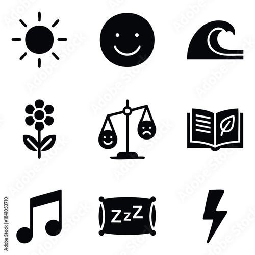 A collection of simple black icons representing positive emotions, nature, relaxation, and learning, perfect for web use and application interfaces.