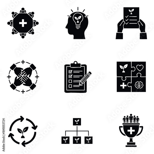 Comprehensive collection of business and organizational development symbols covering strategy teamwork communication and success for professional presentations