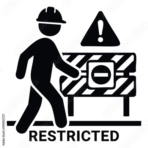 Construction worker wearing hard hat approaches restricted zone barrier with stop sign and warning triangle graphic icon for safety and access control concept.