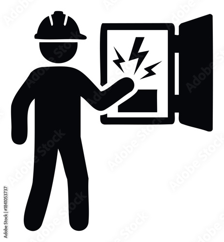 Electrician in hard hat interacting with electrical panel with lightning bolt symbol representing danger and hazard for safety concept