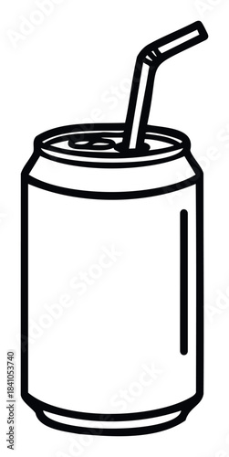 Minimalist outline of a soda can with a straw for refreshing beverage consumption and refreshment promotion, ideal for advertising healthy drinks and lifestyle concepts