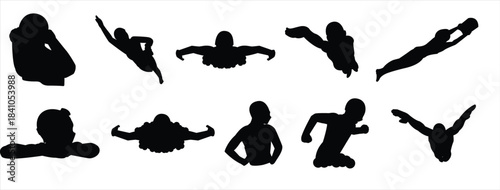 Art of silhouette of a man diving into the water, a dynamic image capturing the essence of swimming, sport, and healthy lifestyle in a minimalist design, Vector illustration.