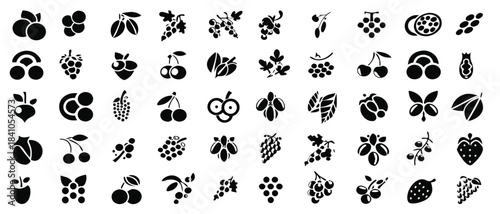 Diverse collection of vector fruit icons featuring cherries grapes berries and more

