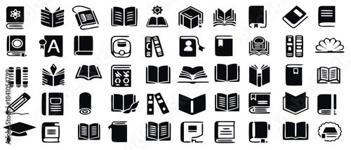 Collection of various black and white book icons representing reading and education