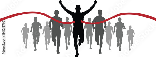 Runner crossing finish line, marathon winner silhouette, race victory moment illustration, athletic competition success concept, sports achievement artwork showing leadership