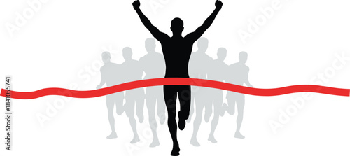 Running champion crossing finish line, marathon winner silhouette, race victory concept, athletic competition success, sports achievement illustration, leadership symbol artwork