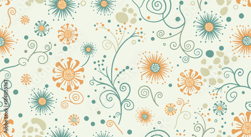 Seamless floral pattern with stylized abstract flowers and swirling vines in a retro color palette of teal, orange, and cream.