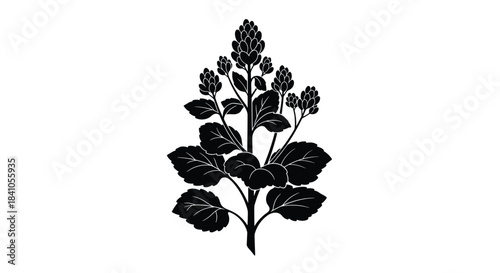 Bold black silhouette of a flowering plant with detailed leaves and flower buds, presented in a traditional folk art vector style.