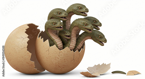 A powerful multi-headed creature, reminiscent of a hydra, hatches from a cracked egg, illustrating themes of emergence, danger, and mythological fantasy
