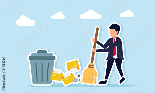 Businessman sweeping and cleaning multiple document folders illustrating removing unnecessary files for more efficient document archiving