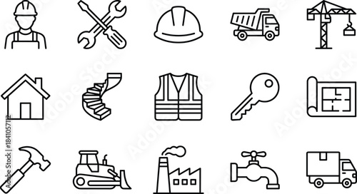 Construction, Building, and Industry Line Icon Set, Including Engineer, Tools, Hard Hat, Crane, Dump Truck, Architecture Blueprint, and Factory Symbols.