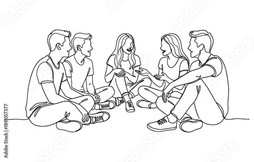 Continuous one line drawing of Group of young people sitting on ground together and talking on transparent background