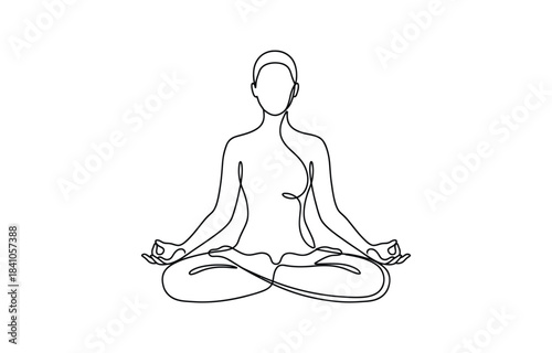 Woman sitting in lotus pose yoga. Continuous one line drawing, Women doing yoga one line drawing on transparent background