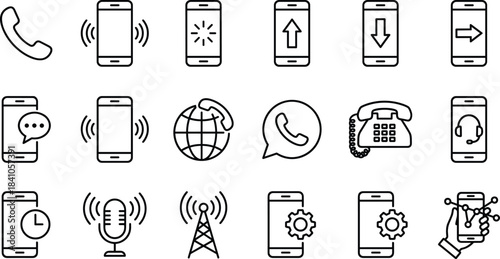 Essential Communication and Mobile Phone Line Art Icons Vector Set, Network, Wireless, Global, Messaging, Call, Download, Upload, App, Setting, Microphone, Tower, Service, Device, Contact, Technology.