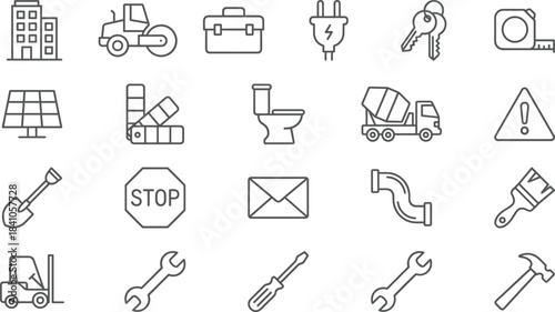 Mega Construction, Business, Finance, Document, Psychology, and Maternity Icon Set, Including Startup, Crisis, Building, Mental Health, Review, and Childcare Symbols.