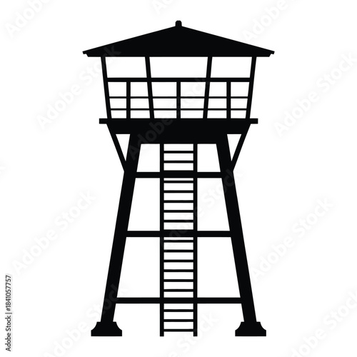 Black Silhouette of Prison Watch Tower or Lifeguard Stand Vector Icon for Security, Surveillance, or Military Design