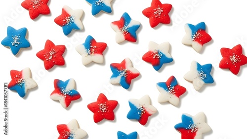 A vibrant scattering of red white and blue star shaped candies scattered across a white background for festive occasions