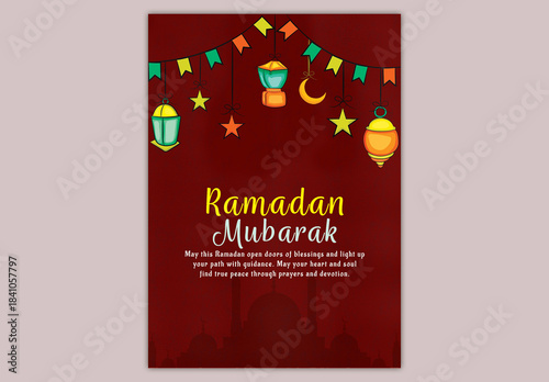 Editable Ramadan Mubarak Greeting Card Template with Decorative Lanterns and Festive Elements on Silhouette of Mosque Background.