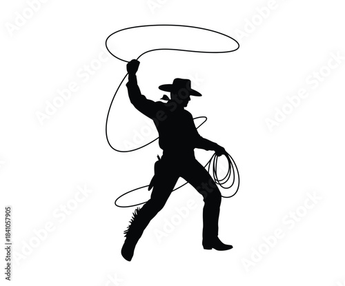 Cowboy Swinging Lasso Silhouette Vector Icon: Wild West, Rodeo, Rancher, and Western Lifestyle Design Element