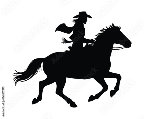 Cowboy or Cowgirl Riding Galloping Horse Silhouette Vector Icon: Western, Equestrian, and Wild West Rodeo Design