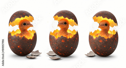 Three baby dinosaurs hatching from chocolate eggs with glowing interiors, symbolizing new beginnings and growth