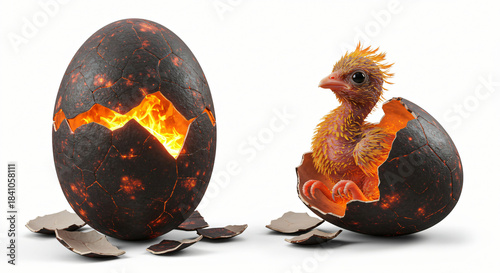 Two fantasy phoenix eggs, one cracking to reveal a fiery interior, the other hatching a small, fluffy phoenix chick, on a white background