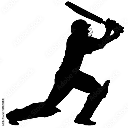 Silhouette of a cricket batsman playing a shot with a bat, wearing a helmet and pads, captured in a dynamic pose against a pure