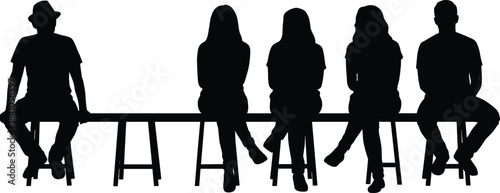 Silhouette group of people sitting together on stools indoors, casual teamwork concept showing community connection conversation waiting and relaxed social gathering