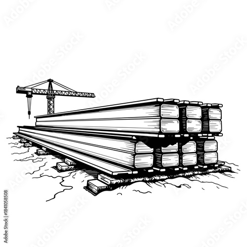 Steel beams on construction site with crane, industrial infrastructure and building materials